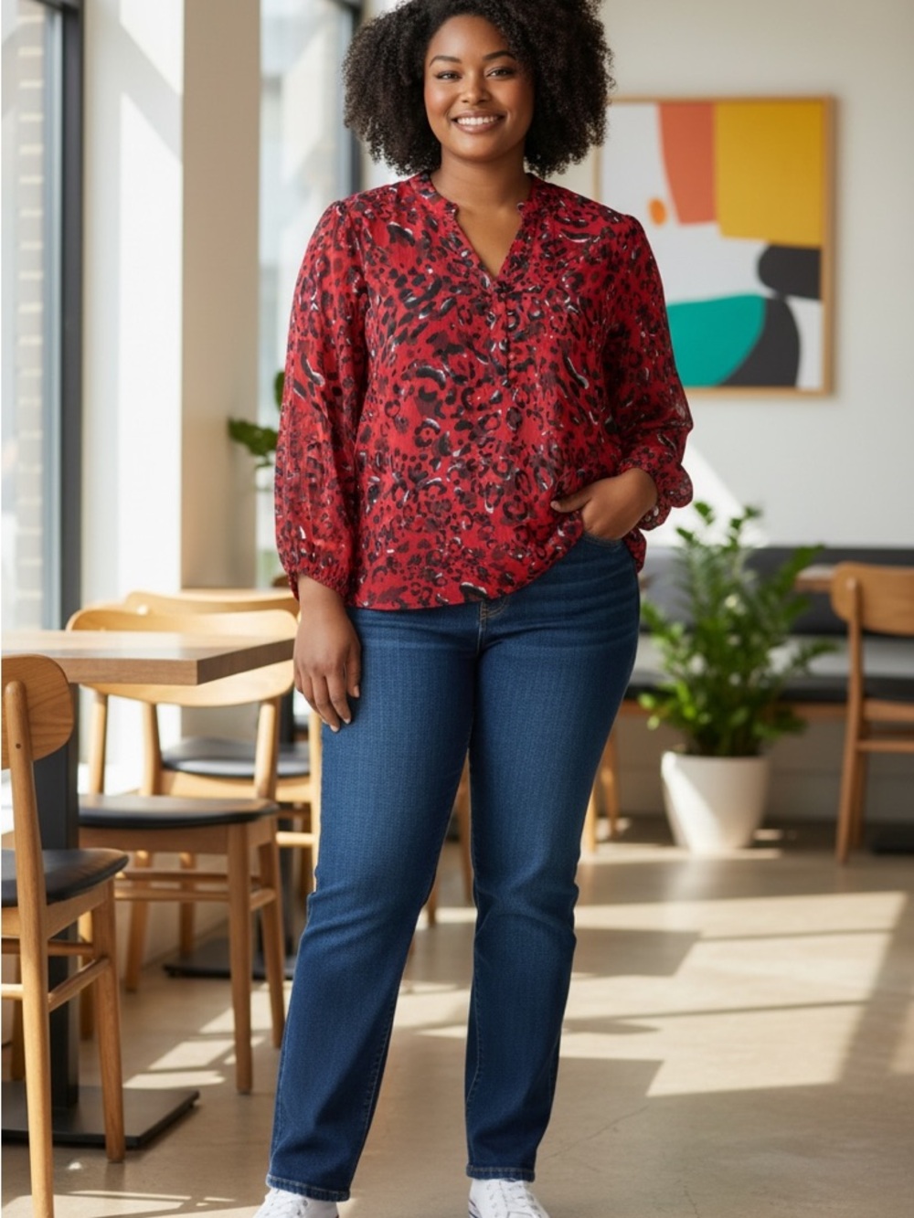 IN EVERY STORY  plus size Red Leopard Print Long Sleeve Blouse size 1x
